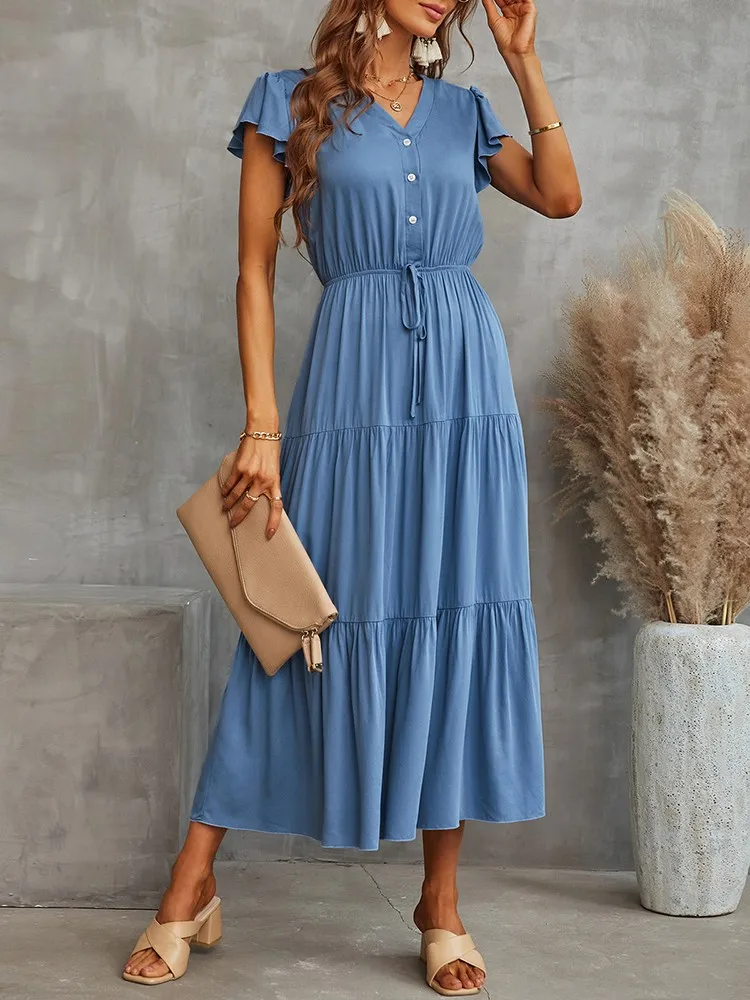 

Summer Elegant Long Dresses For Women Fashion V Neck Short Sleeve Ruffles Casual Dress Ladies Boho Beach Midi Dress