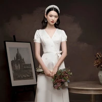 ivory white wedding dress 2022 summer new satin retro simple v neck sweet pearl a line long evening gonws