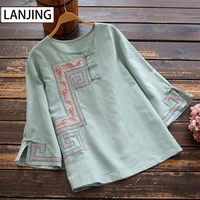 retro cotton linen buttoned linen top womens ethnic shirt womens chinese round neck embroidered shirt clothes