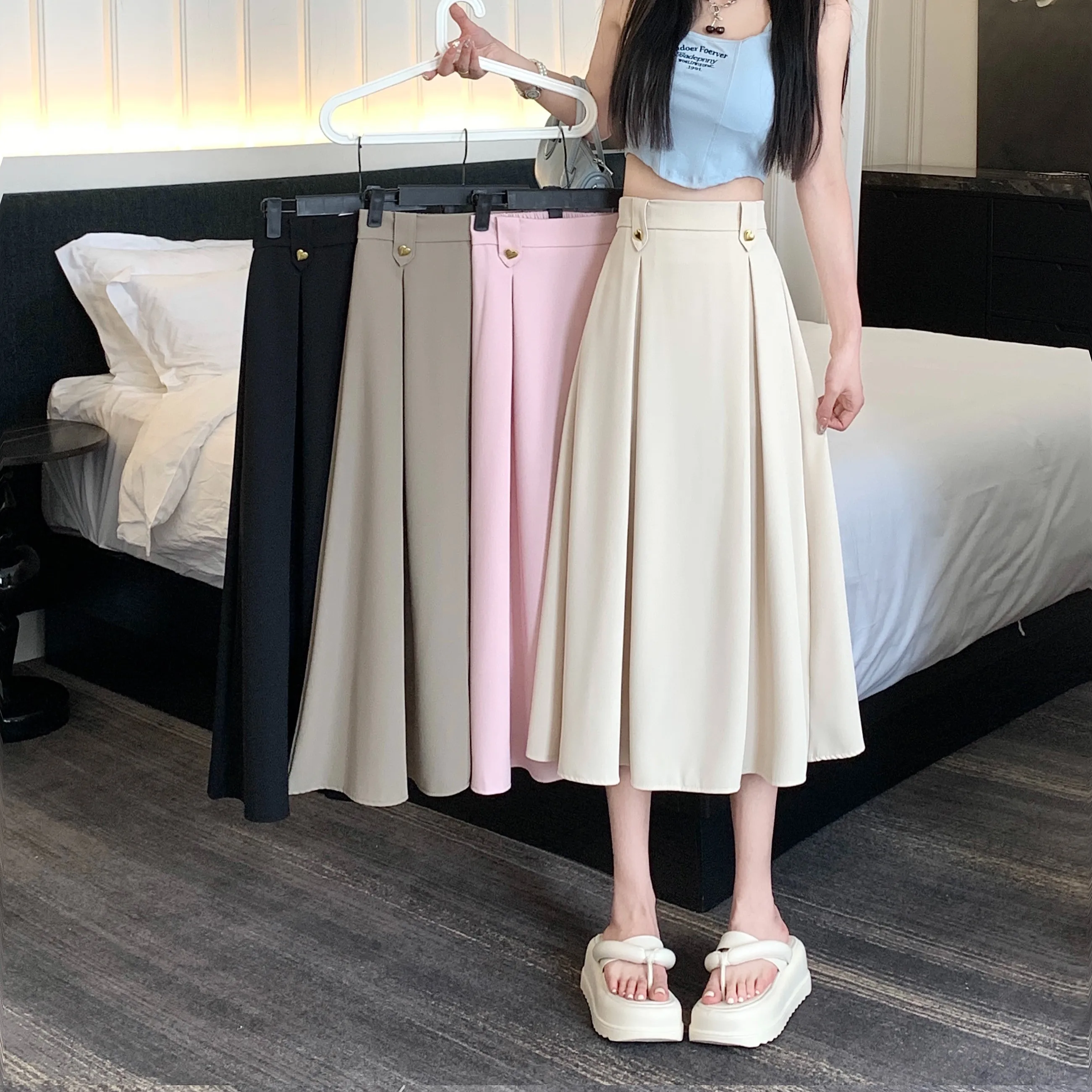 

High Waist pleated Skirt for Women New Elegant office ladies Midi Skirt Spring Summer preppy style sweet A-line Skirts
