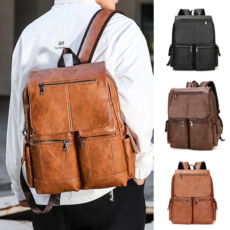 

Men Backpack PU Leather Bagpack Large Laptop Backpacks Male Mochilas Black Schoolbag For Teenagers Boys Brown Sac A Dos