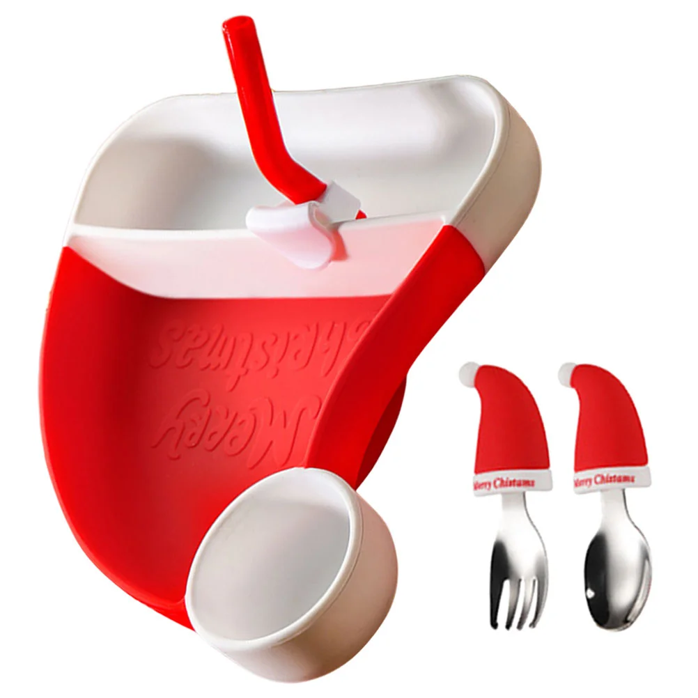 

Silicone Baby Feeding Plate Santa Hat Shape Divided Tray Spoons Fork Straw Toddler Dishes Platter Xmas Party Favor