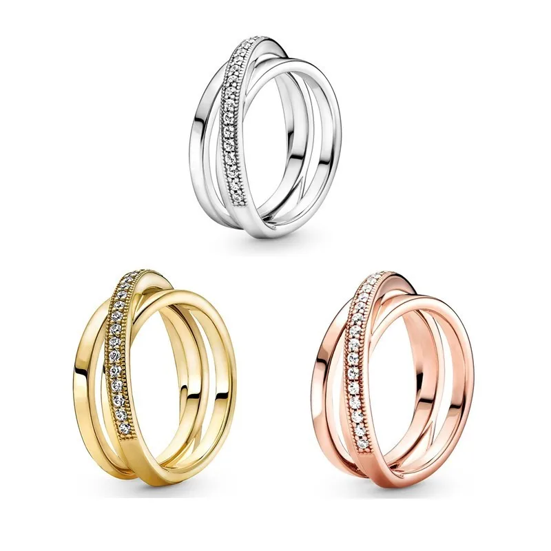 

Original Rose Gold Crossover Pave Triple With Crystal Ring For Women 925 Sterling Silver Wedding Gift Fashion Jewelry