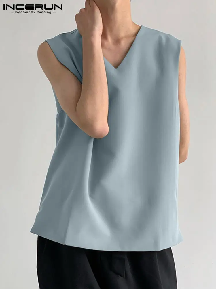 

INCERUN Men Tank Tops Solid Color V Neck Sleeveless Loose Summer 2022 Casual Vests Men Streetwear Leisure Breathabkle Tops S-5XL