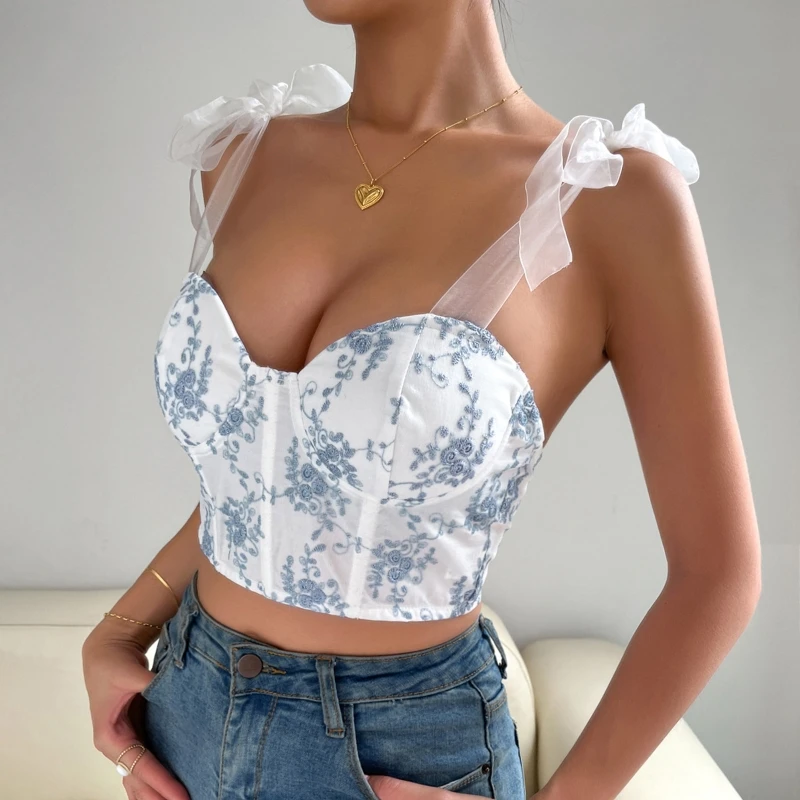 

Women's Camisoles Sweet Lace Up Strap Crop Tops Sexy Fish Boned Bustier Tank Top