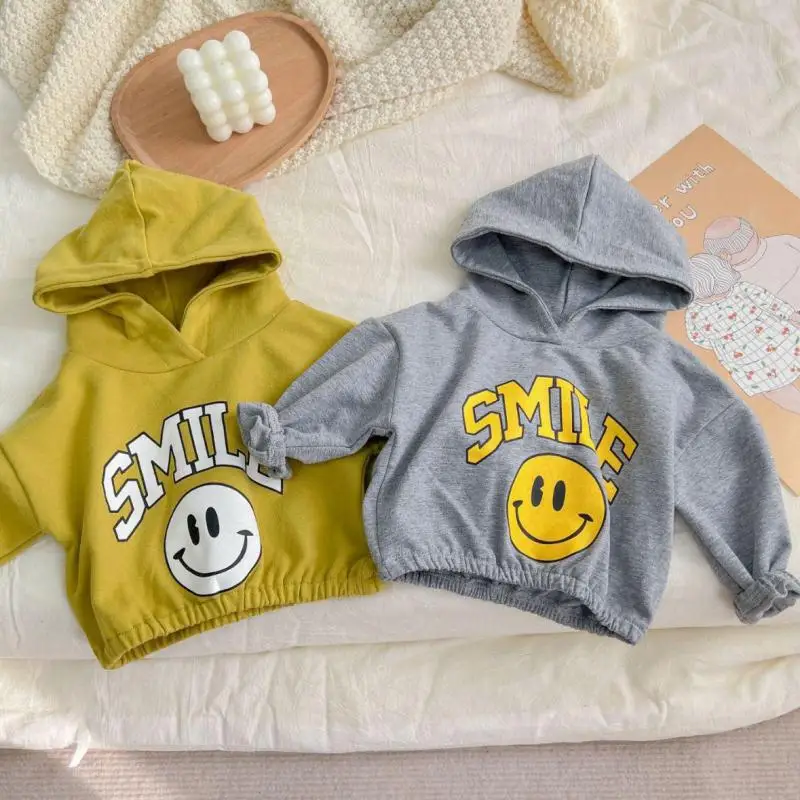 

Cute Smiley Print Kids Casual Hoodie Baby Cartoon Hooded Tops Boys Girls Loose Sweatshirt New Infant Letter Hoodie