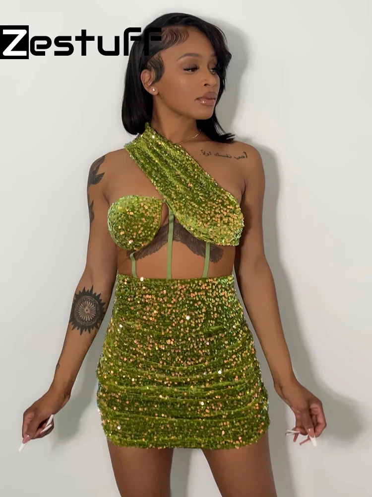 

Zestuff One Shoulder Hollow Out Mini Green Dress Rave Outfits Holiday Chic Party Clothes For Women Sexy Velvet And Sequin Dress