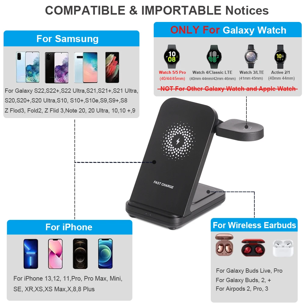 Wireless Chargers 3 in 1 For Galaxy Watch 5/5 Pro 15W Qi Fast Charging Station For Samsung Galaxy Watch 4/S22/S21 Charger Stand