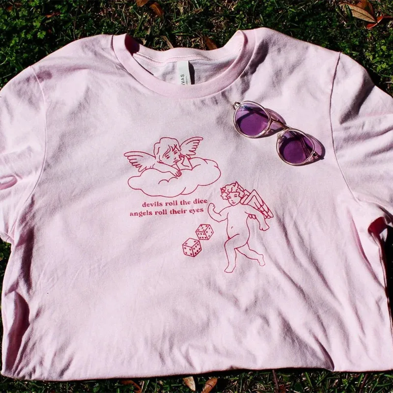 

Cute Angel Printed Women Graphic Pink T shirts For Women Short Sleeve Loose Cotton Aesthetic Tees Crewneck Causal Shirts 2022