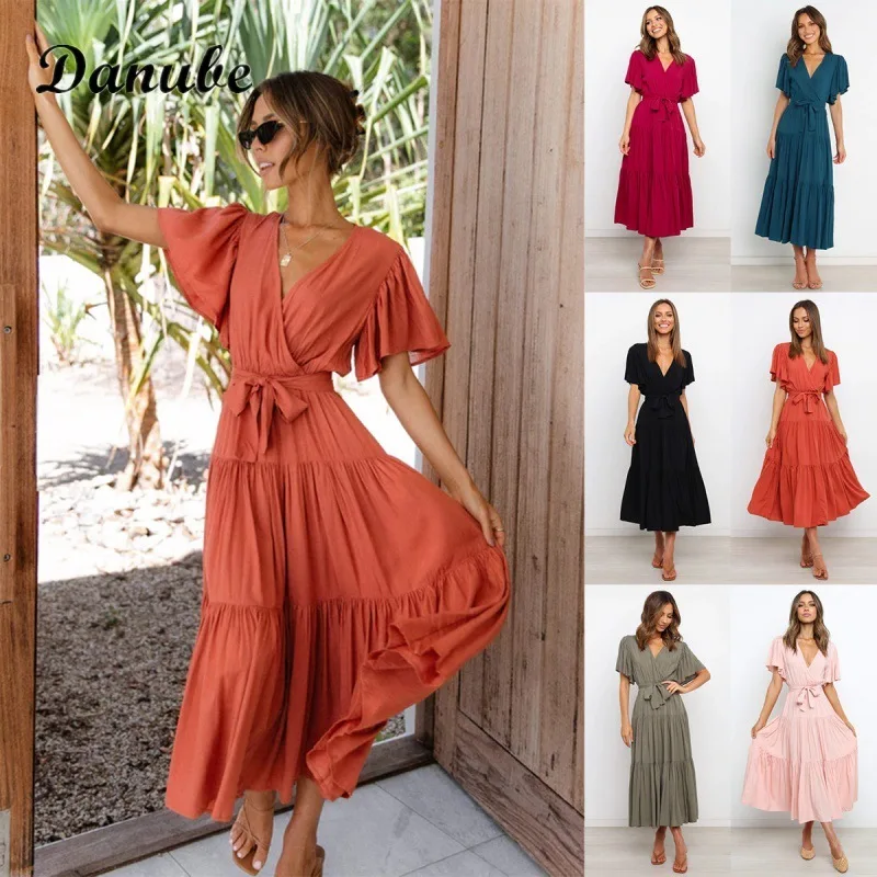 Summer Vintage Ruffles Boho Maxi Dress Women Elegant Butterfly Sleeve A  Line Holiday Beach Sundress Elastic Waist Party Vestidos - купить по  выгодной цене | AliExpress