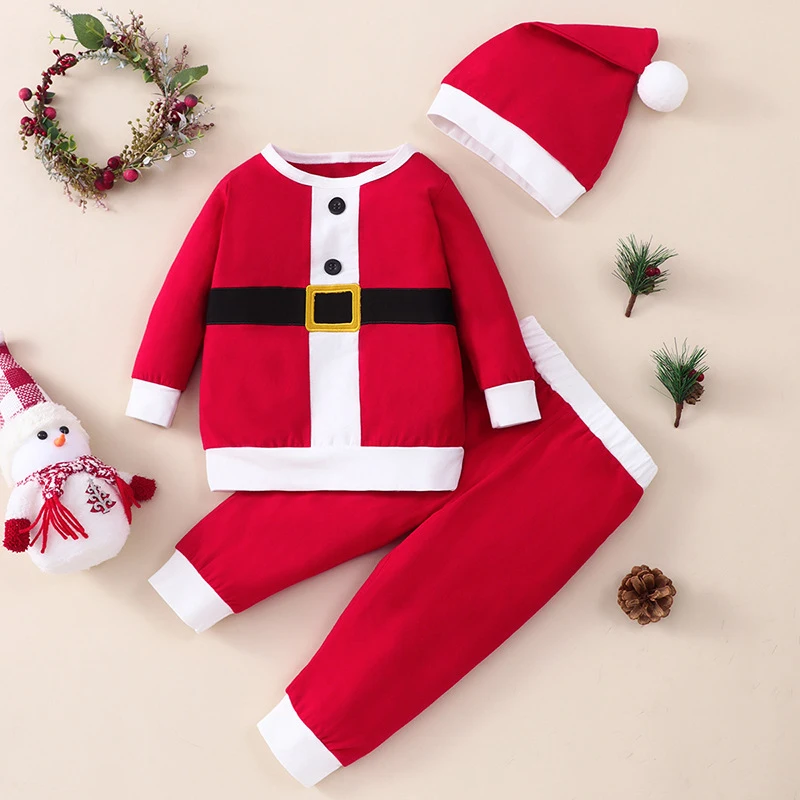 

Рождественский костюм, комплект одежды для маленьких мальчиков и девочек, хлопковая футболка с длинным рукавом, штаны, шапка, новогодний ко...