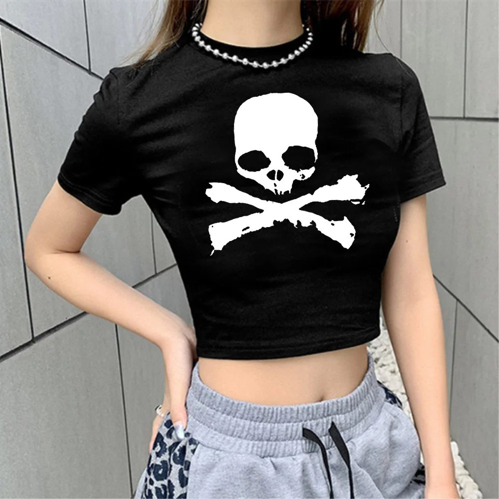 

Футболка с черепом yk2, готический укороченный топ для девочек, готический Графический Kawaii 2000s, укороченный топ, футболка
