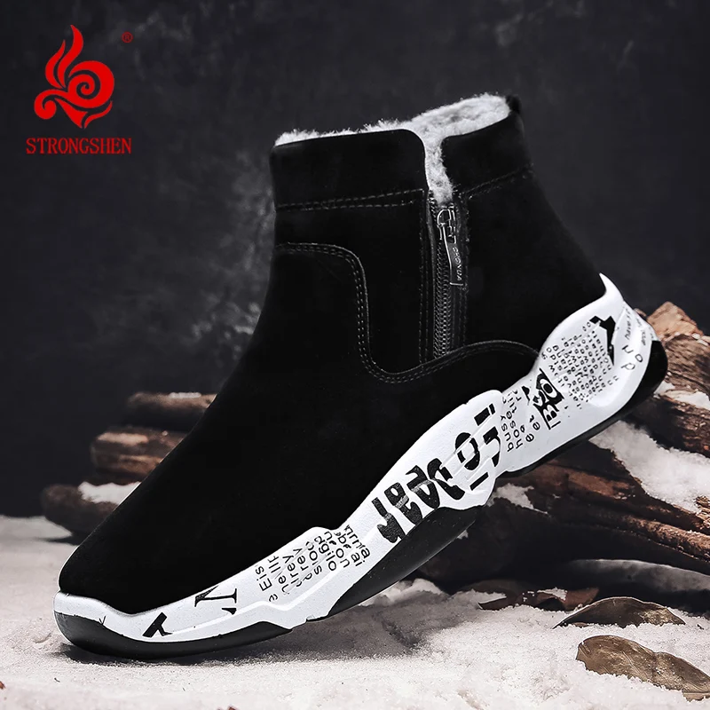 

STRONGSHEN Winter Mens Snow Boots Plus Warm Fur Side Zipper Outdoor Fashion Casual Cotton Short Boots Men Shoes Thicken Boots
