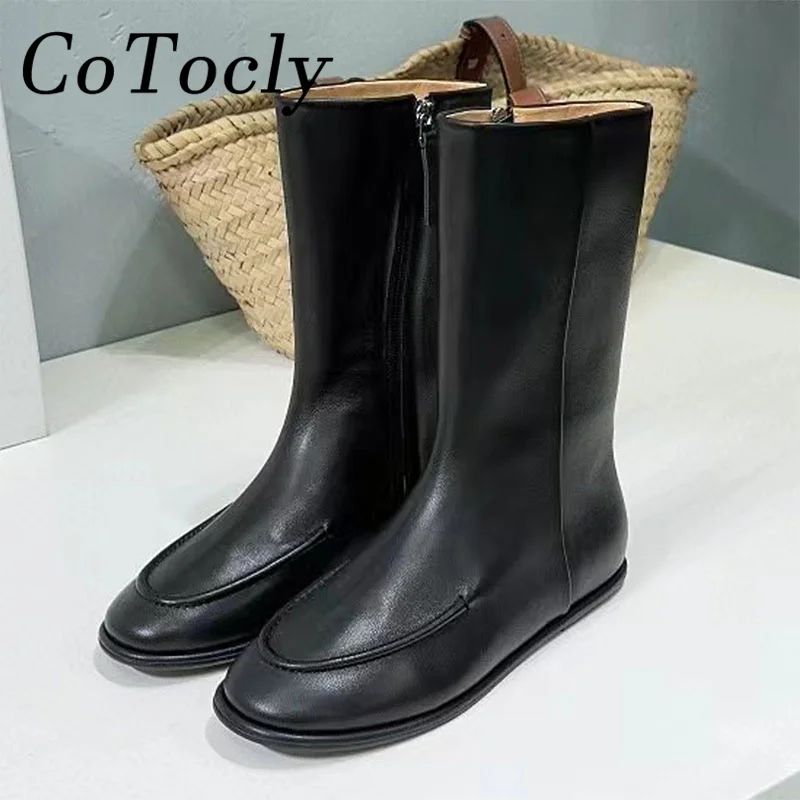 

Женские ботинки из натуральной кожи, черные или белые короткие ботинки с круглым носком, до середины икры, модельная обувь на плоской подошве, 2023