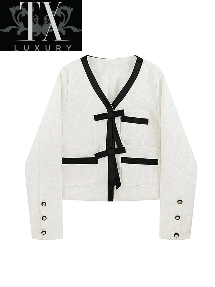 

Jackets Chic Long Sleeve Crop Top V Neck Singles Breasted Whiter Elegant Ladies Autumn Spring Coat Fashion Women Clothing