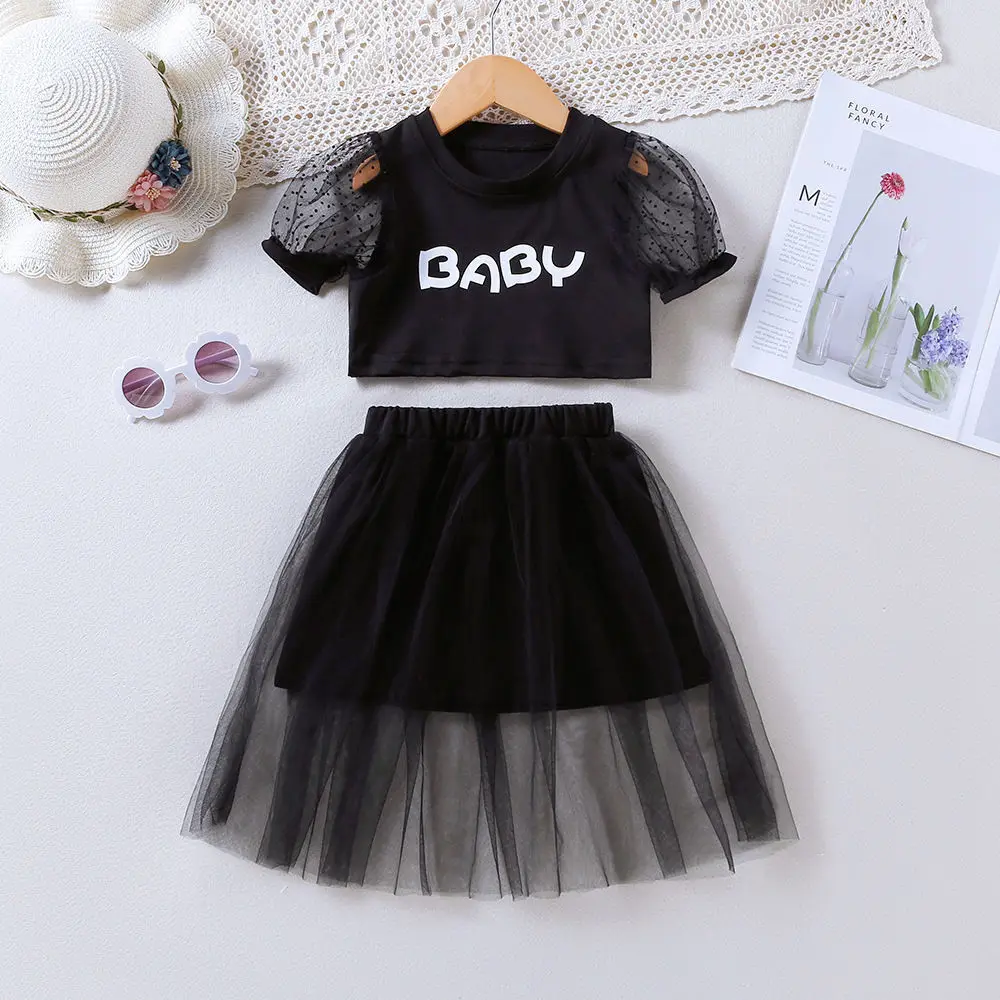 

Children Clothing Sets for Girls Summer Short Sleeve Letter T-Shirt + Skirts 2pcs Outfit Baby Girl Clothes Suits 3 4 5 6 Years