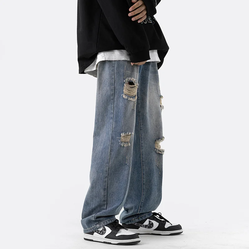 Summer Blue Ripped Baggy Jeans Men Fashion Retro Straight Jeans Men Streetwear Hip-hop Loose Hole Denim Pants Mens Trousers