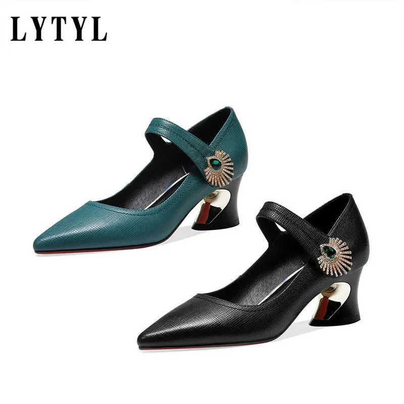

Soft Leather Shallow Single Shoes,Pointed Toe,2021 Spring New Women Mid Heels,Strap,Female Footware,Big Size,BLACK,GREEN C1-08