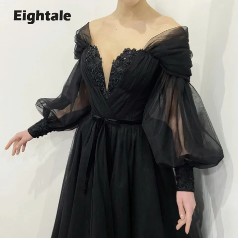 Eightale Black Wedding Dresses Off the Shoulder Long Puffy Sleeves Tulle Victorian Gothic Lace Up Bridal Gowns vestidos de novia