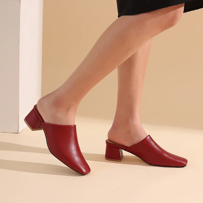 Big Size Summer Women Mules White Black Square Toe Medium Block Heels Pumps Comfortable Party Club Leisure Lady Slip-on Slippers