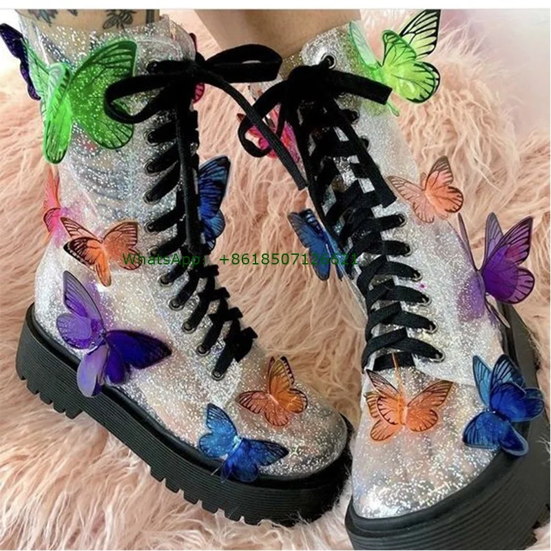 Silver Platform Butterfly Boots Side Zipper Cross Strap Calf Boots Round Toe Personality Fashion Shoes