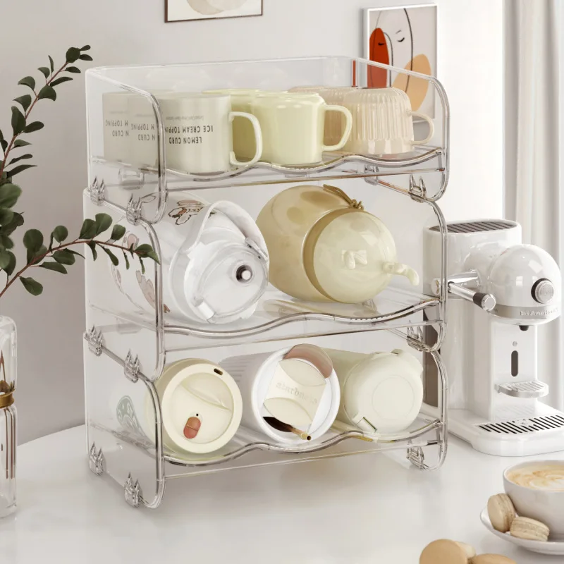 

Desktop Cup Storage Rack Multi-layer Transparent Creative Stackable Cup Holder Dustproof Insulation Cup Rack Kitchen Storage