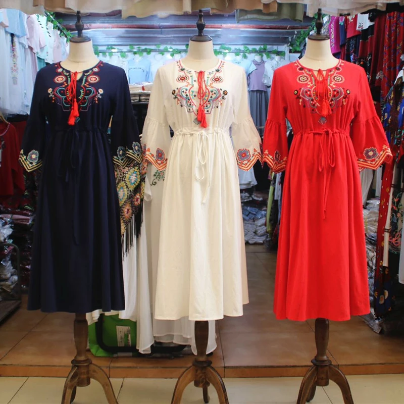 

Cotton Linen Embroidered Dress 2023 New Tethered Loose Lotus Leaf Mid-sleeve Embroidered Travel Vacation Beach Dress