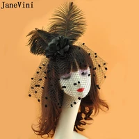 janevini fashion black wedding bridal hat with veil fascinators womens mesh church cocktail party hat feather flower headwear