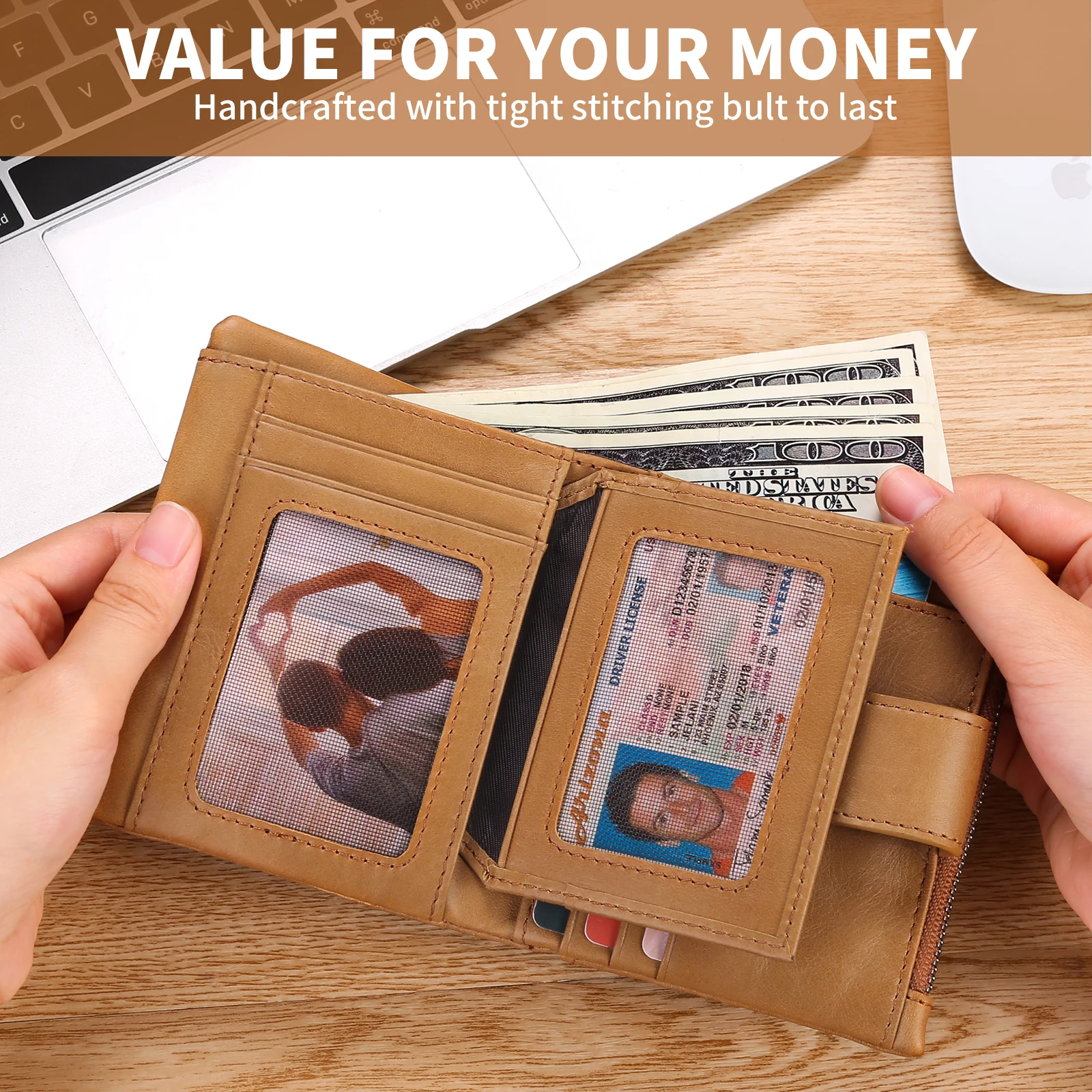 Genuine Leather Men Wallet RFID Blocking Luxury Short Wallets Male Hasp Vintage Purse Coin Zipper Multi-functional Card Pocket