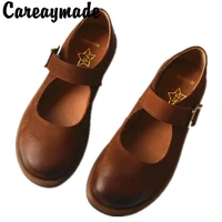 careaymade new style genuine leather t buckle womens shoes in spring and summerflat soft sole breathable handmade single shoes