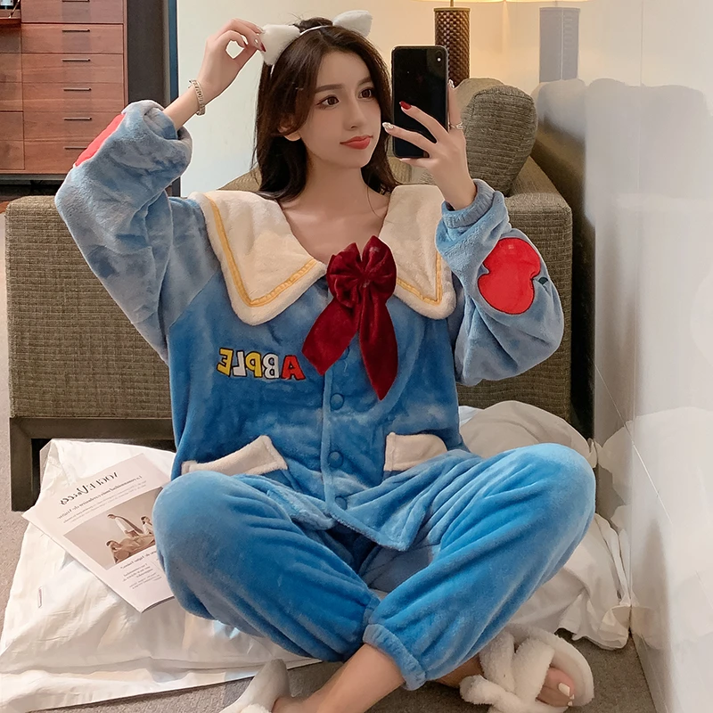 Flannel Inspissate Pajamas Loose Version Women Sleepwear Princess Style Col Claudine Cartoon Coral Fleece Winter Pajamas 4XL