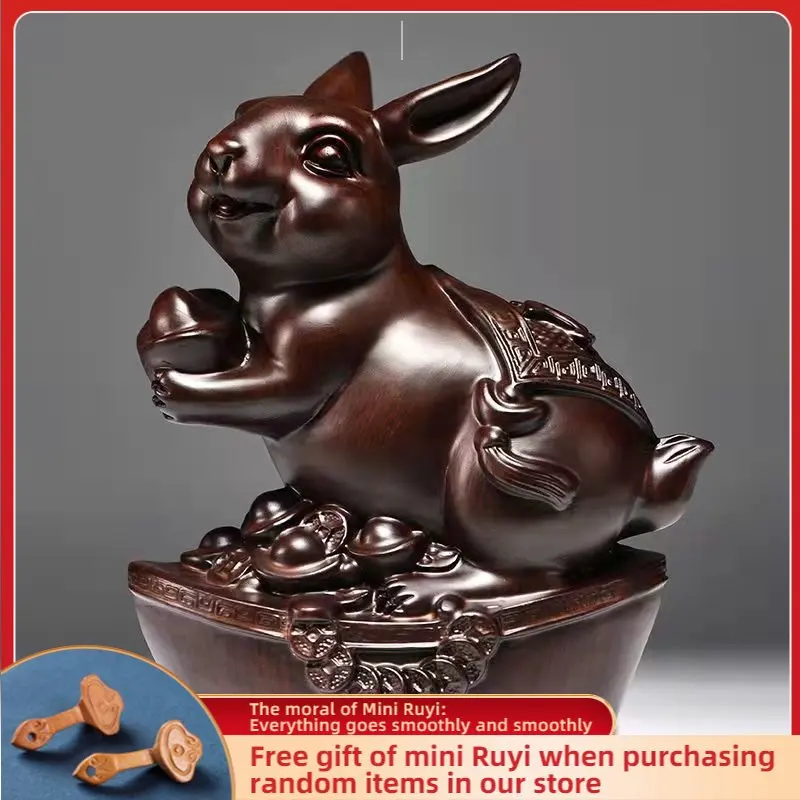 

High Quality Cute Rabbit Amass Fortunes Solid Wood Carving Office Decoration Ebony Mahogany Artifact Artware Propitious Gift