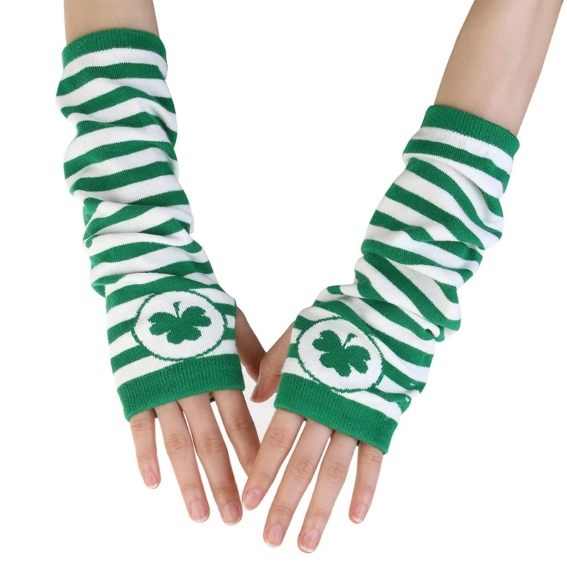 

Irish Green White Stripe Thigh High Sock Shamrock Clover Long Fingerless Gloves Earring Skirt for St-Patrick's Day Drop shipping