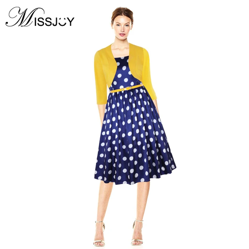 

MISSJOY S-3XL Plus Size 2019 Autumn New Arrival O-Neck sleeveless two piece vintage high waist polka dot A-line dress with Belt