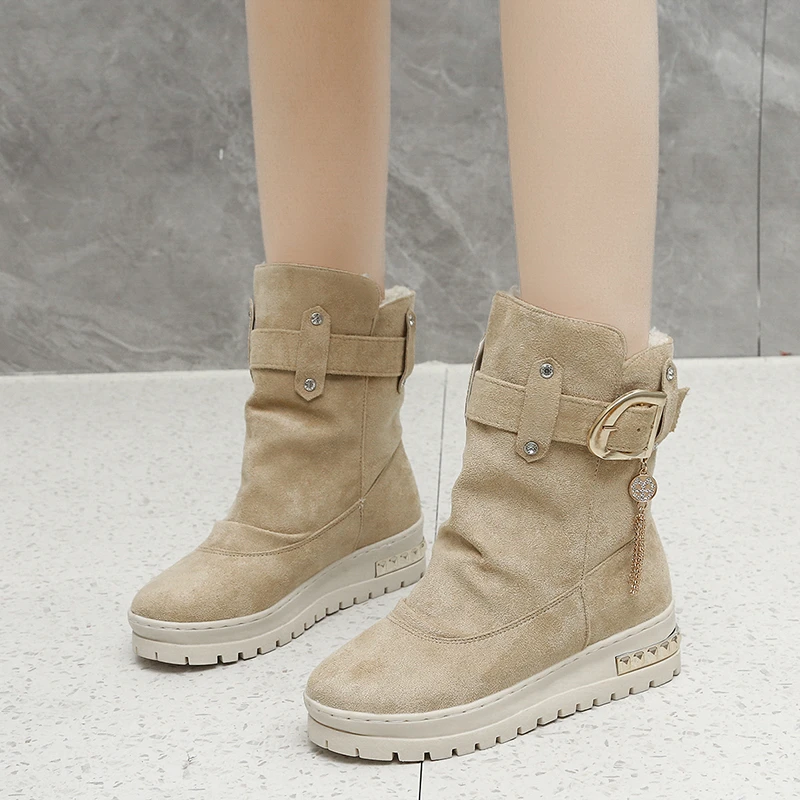 

Женские ботильоны с цепочкой, теплые современные ботинки без шнуровки, на платформе с металлическим украшением и кристаллами, 2023