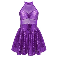 sparkling sequins mesh ballet dress girls kids jazz dance costumes sleeveless straps hollow back dance leotard dress dancewear