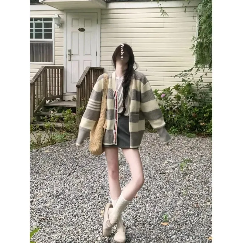 Элегантный винтажный полосатый свитер с цветными блоками куртка для женщин