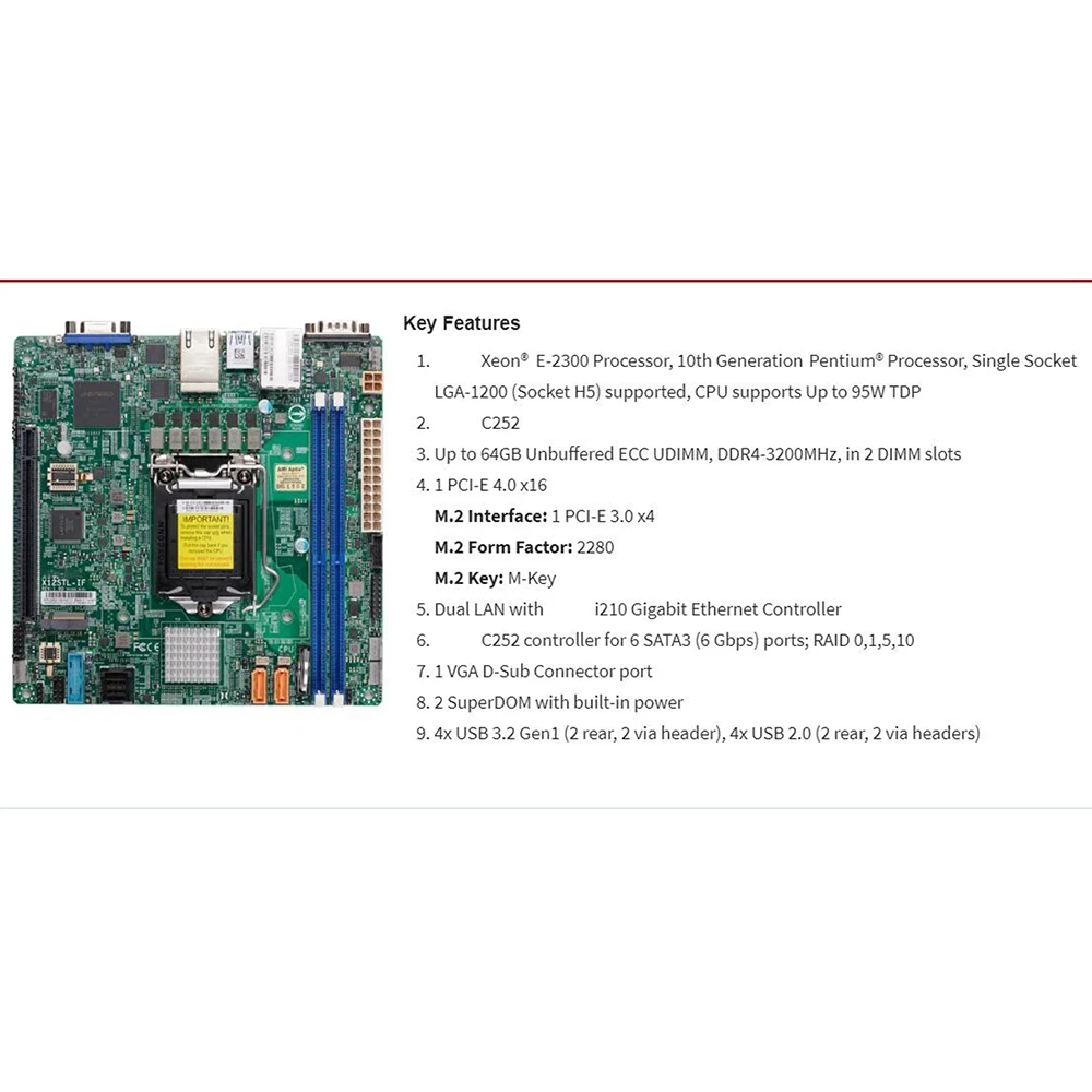 X12STL-IF для Supermicro C252 LGA1200 64 ГБ DDR4-3200 МГц M.2 6XSATA3 Mini-ITX серверная материнская плата
