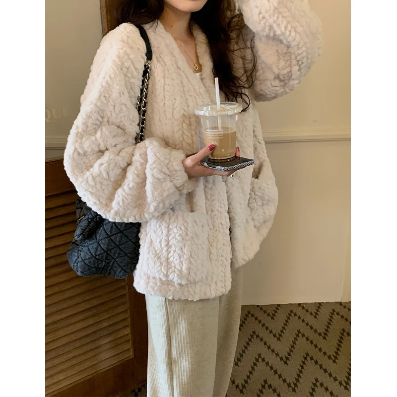 Trendy Women's Thick Warm Sherpa Jacket Loose Fashion Long Sleeve V-Neck Plush Coat Casual Versatile Solid Winter Outerwear New