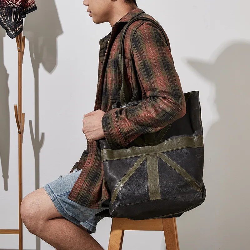 Fashion designer luxury genuine leather men's green tote bag leisure outdoor travel real cowhide shoulder bag shopping handbag