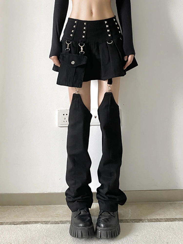 

Черная плиссированная юбка в готическом стиле, съемная Обложка для ног, сексуальные повседневные свободные мини-брюки с заклепками в стиле Харадзюку, уличная одежда
