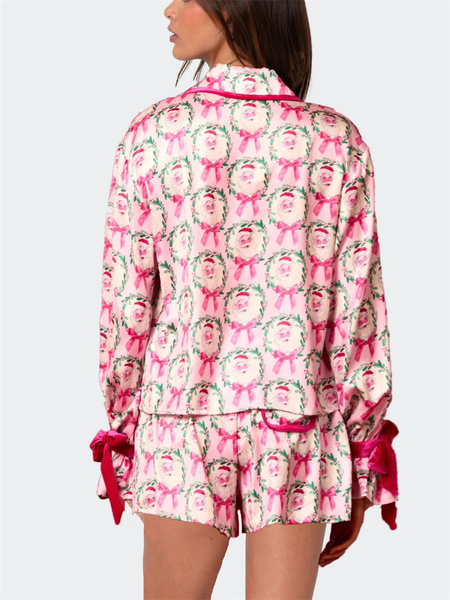 2025 Рождественские пижамы для женщин с галстуком-бабочкой рубашка длинными