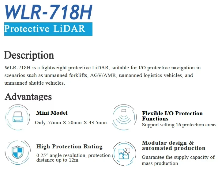 VanJee WLR-718H 12m 360 ° легкий защитный LiDAR I/O Защитная навигация для AGV/AMR беспилотных