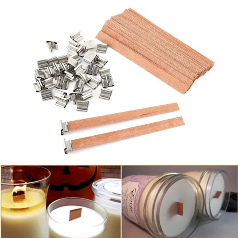 100Pcs Wood Candle Wicks Sustainer Tab DIY Candle Making Supplies Base Wooden Candle Wick Set  Wick Core Soy Parffin Wax Wick