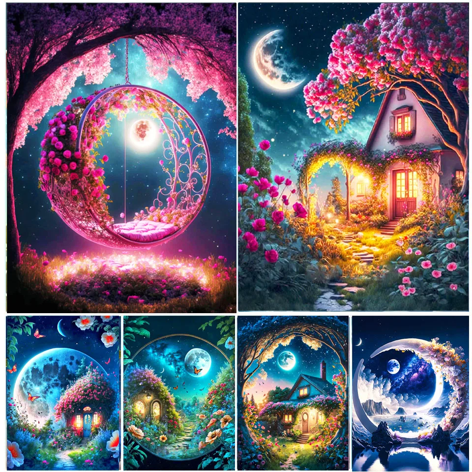 

Алмазная 5d-картина «сделай сам», вышивка крестиком из страз, луна, дом, дерево, цветок, фантазия, пейзаж, мозаика, полная вышивка, H73