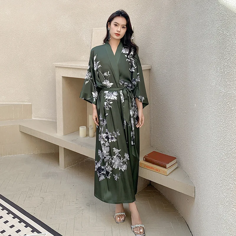 

2023 New Print Flower Kimono Bathrobe Gown Women Sleepwear Nightgown Half Sleeve Long Robe Home Wear Casual Satin Loungewear