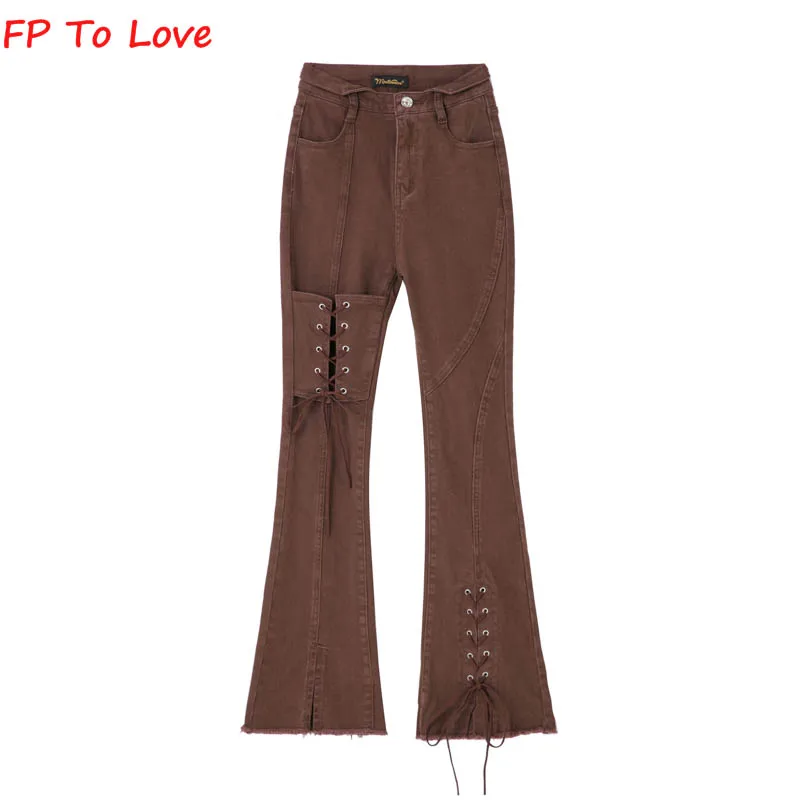 

Джинсы-клеш Женские на шнуровке, винтажные стильные брюки из денима с разрезом, длинные брюки синего и черного цвета