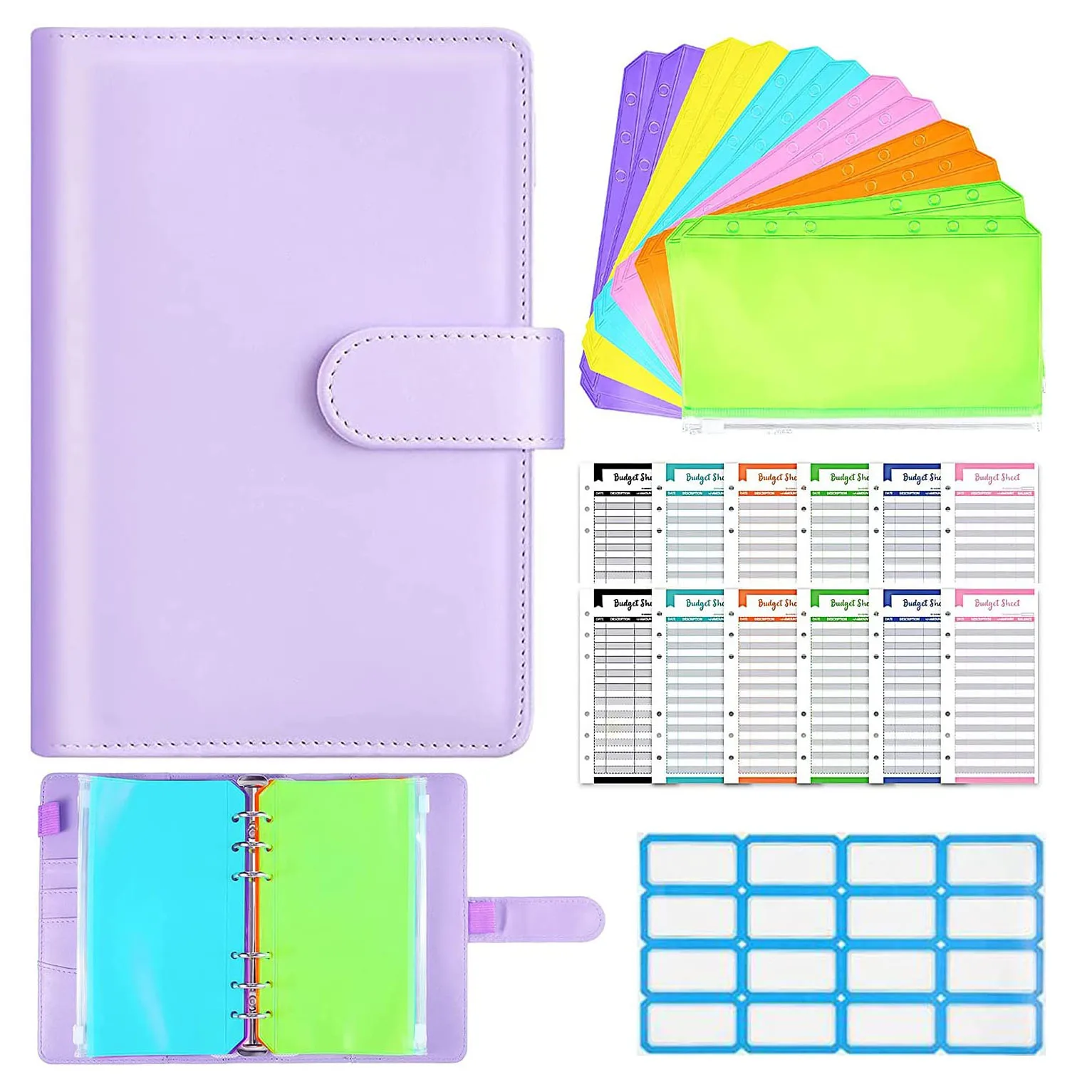 

A6 Budget Binder Cash Envelopes Planner Organizer with 12 Binder Pockets,Budget Sheets,Sticker Labels,for Money Saving Budgeting