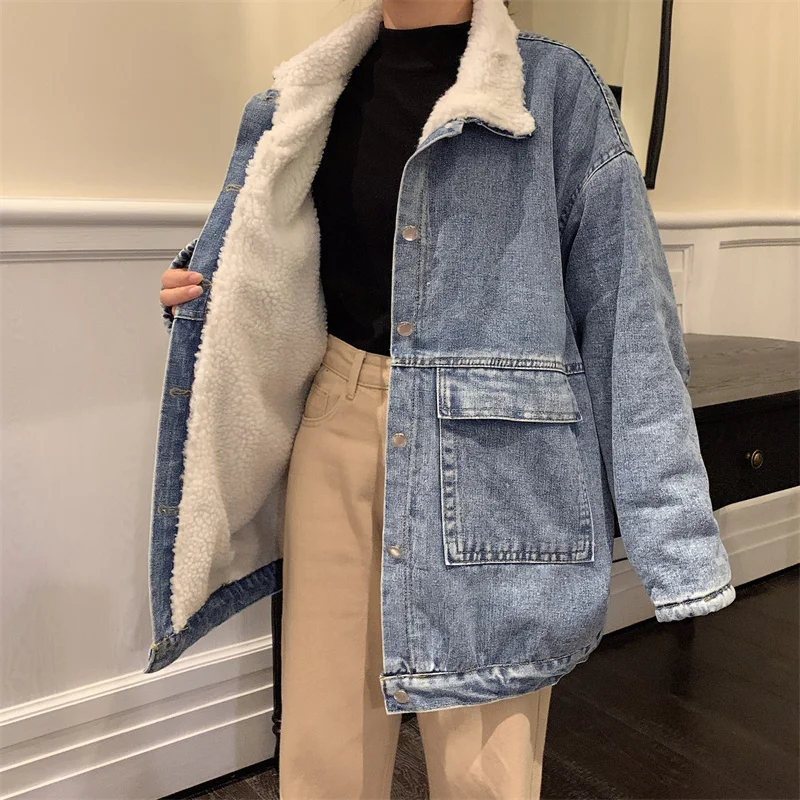 

Loose Lamb Cashmere Denim Coat Women's Autumn Winter New Oversize Neutral Long Sleeve BF Style Thickening Warm Jacket Female