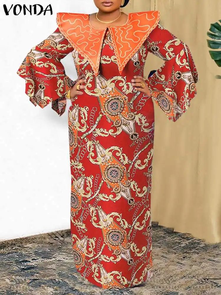 

Bohemian Printed Maxi Dress VONDA 2022 Women Long Flare Sleeve Doll Collar Elegant Sundress Autumn Vintage Casual Party Vestidos